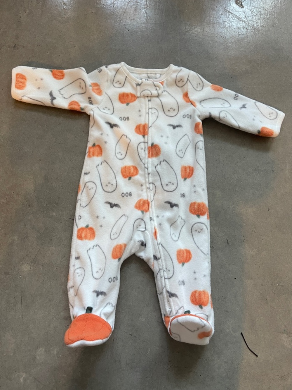 Carter's White & Orange Halloween Pumpkin Ghost Fleece Footed One-Piece